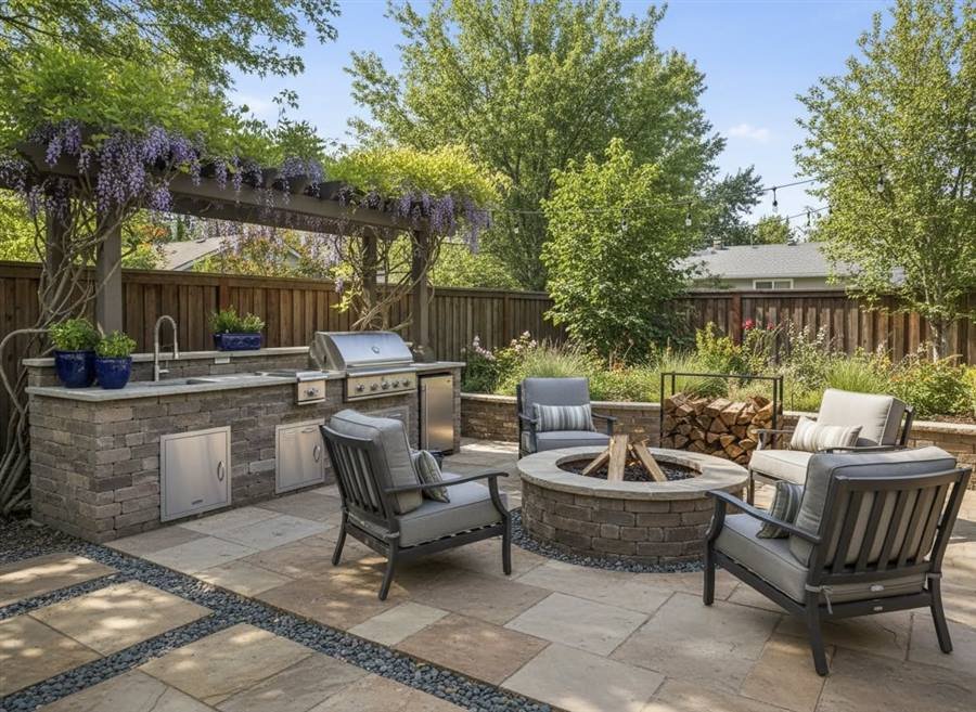 Paver patio with fire pit and bench seating