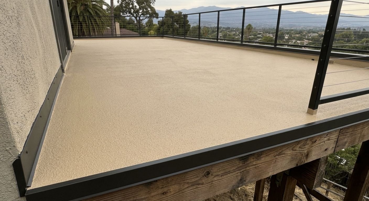 After deck waterproofing: new sand-textured coating, slope to the drain and new edge metal on the same hillside deck