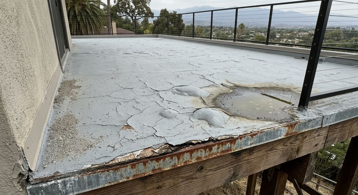 Before deck waterproofing: cracked, blistered coating, ponding water and a rusted edge on a hillside deck
