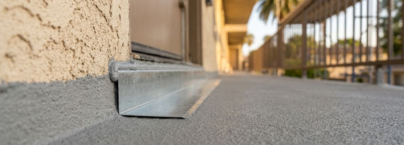 Deck flashing detail: Sherman Oaks: new metal sill flashing lapped over the membrane at a sliding-door threshold