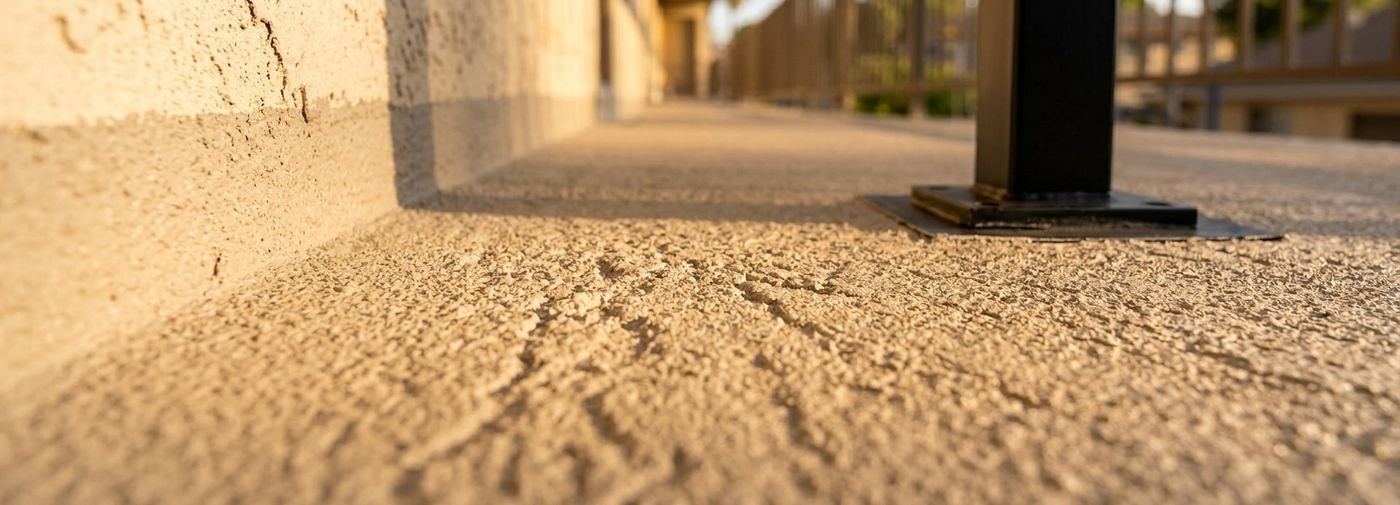 Deck coating texture: Sherman Oaks: slip-resistant sand-textured waterproof coating at a railing post with a flashed collar