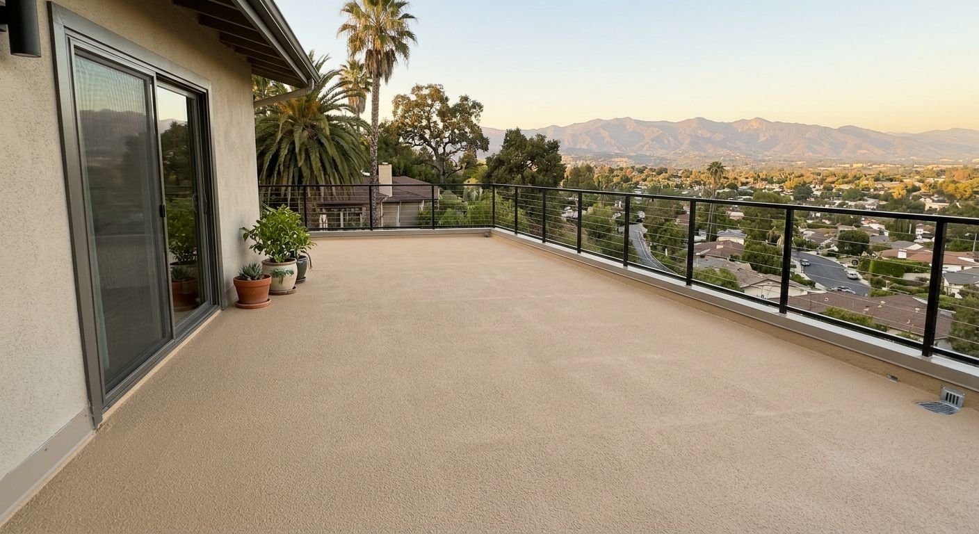 Deck waterproofing: finished sand-textured walking deck over living space with a view of the San Fernando Valley