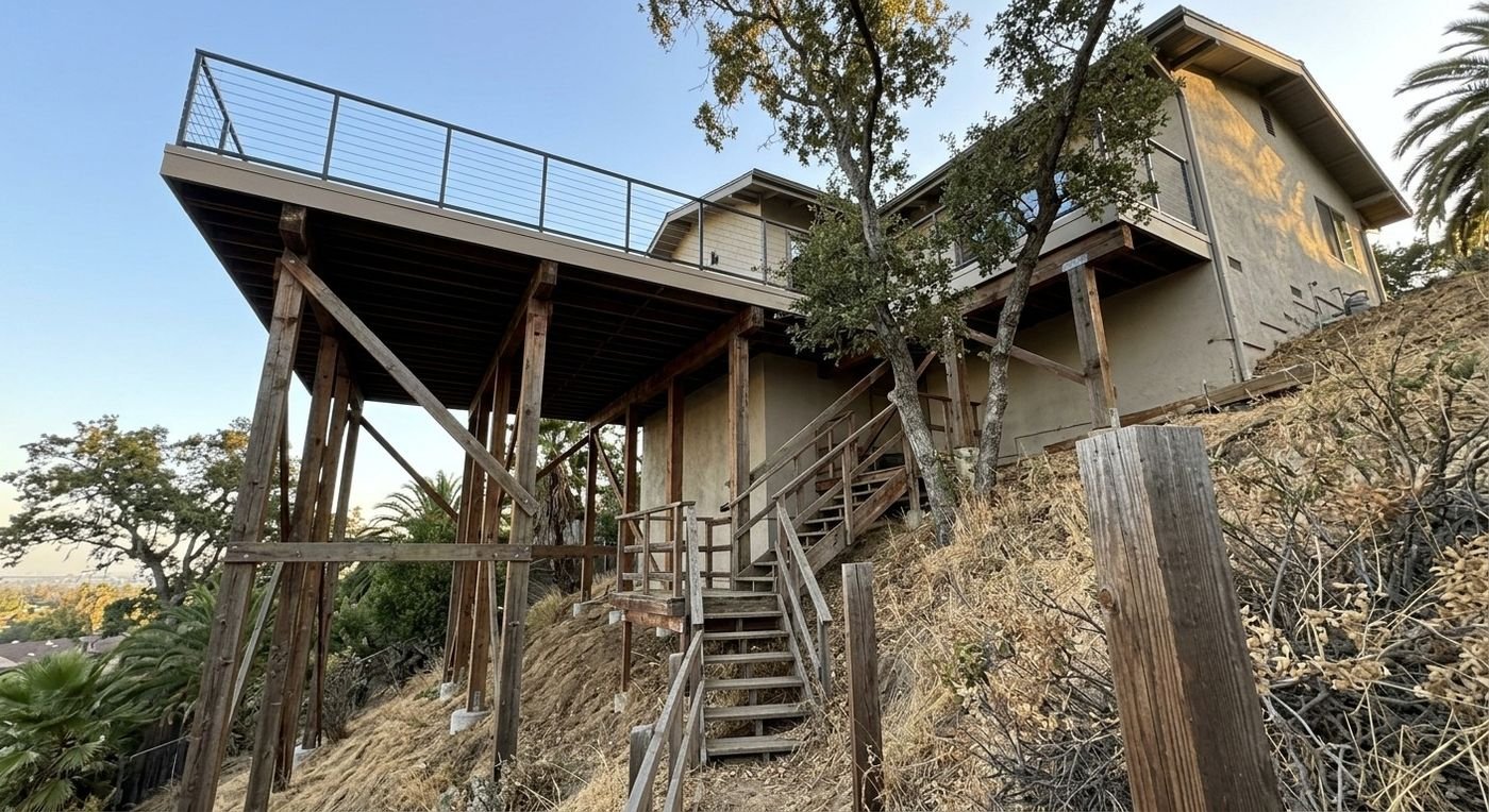 Hillside deck waterproofing: cantilevered deck on a canyon lot, posts and framing visible