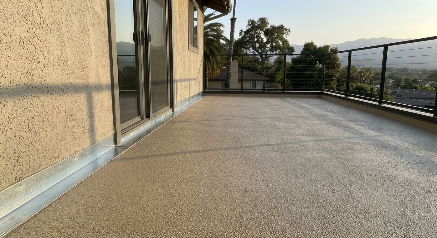 Balcony waterproofing: coated balcony with new flashing at the stucco wall and railing
