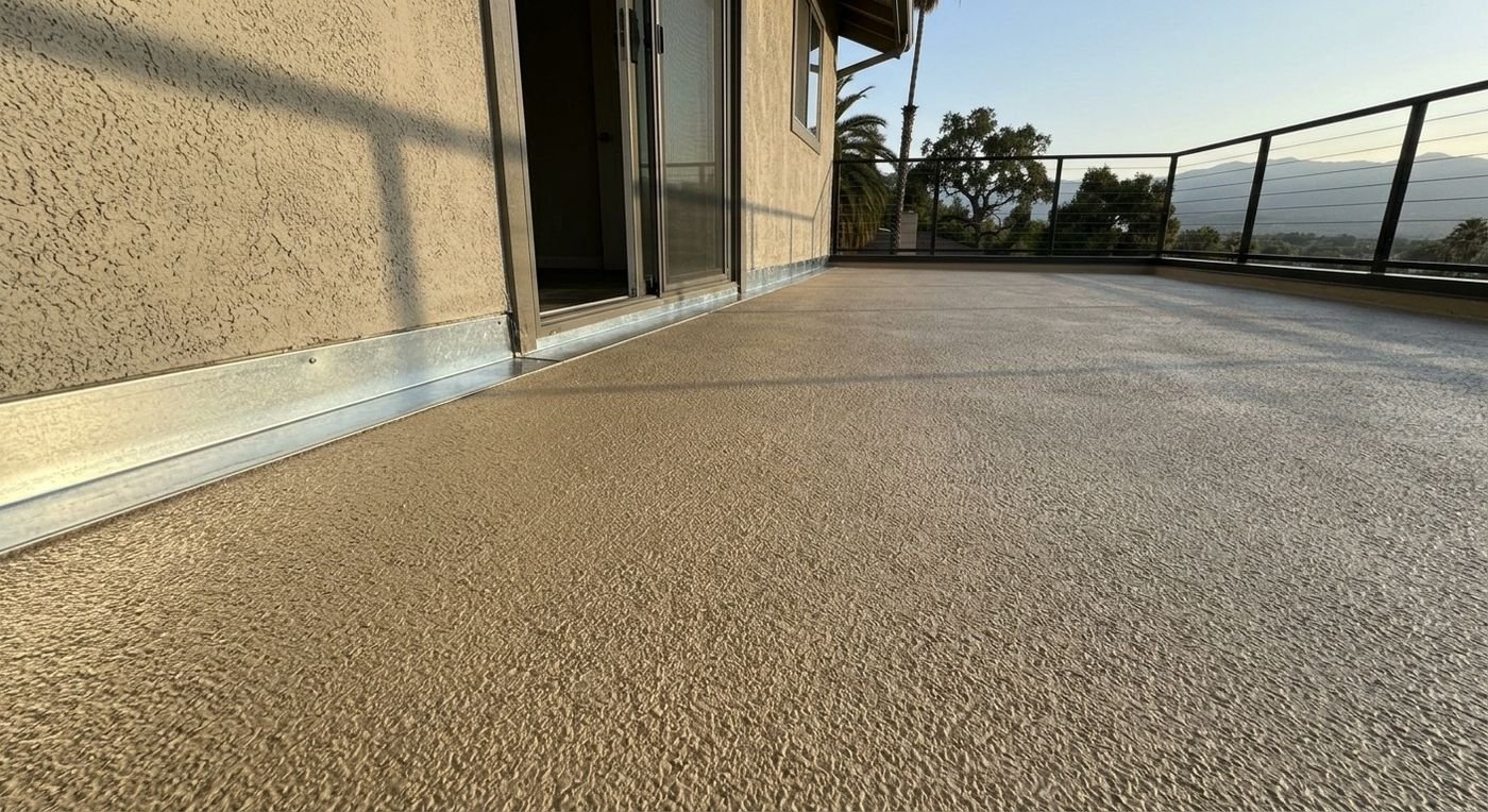 Deck waterproofing: finished walking deck with new sand-textured coating and metal door-sill flashing