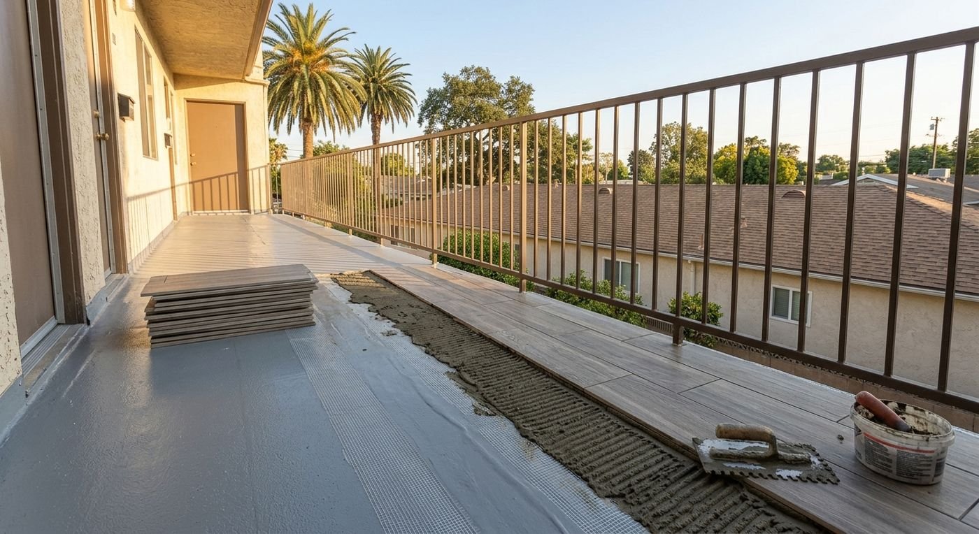 Tile deck waterproofing: new membrane under porcelain tile being set on a balcony walkway