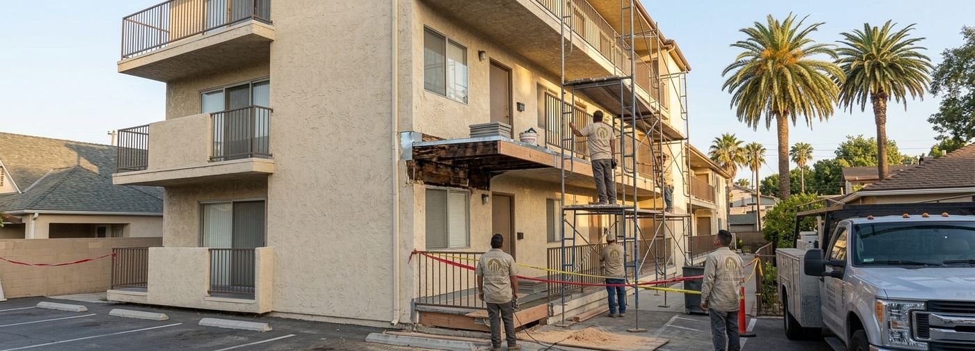 SB 721 balcony repair: stacked apartment balconies with scaffolding and one balcony opened to the framing