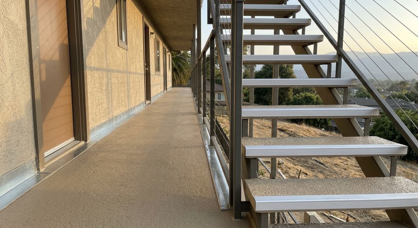 Apartment walkway and stair waterproofing: coated second-floor walkway with new stair nosings and drip edge